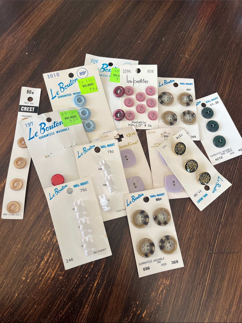 Vintage Assorted Sewing Button Card Set - White, Pink, Blue, Green, Brown